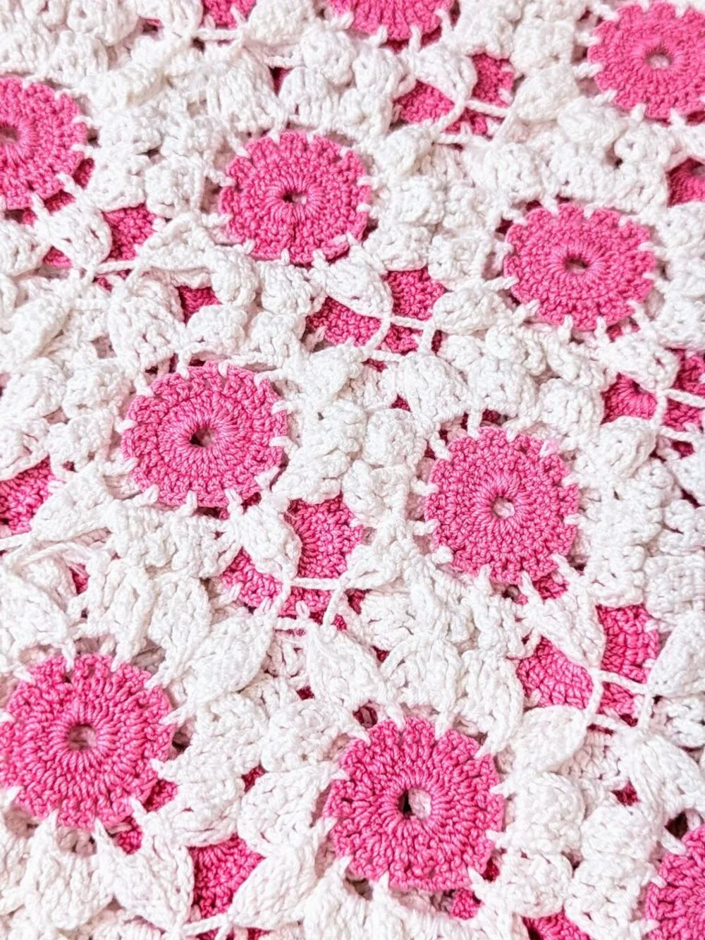Boho Cottagecore Crochet Quilt ~ Bright Pink/White ~ Hand Crocheted Cotton